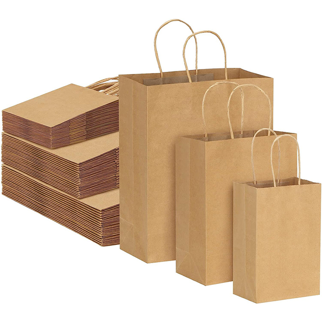 Custom Printed Mixed Size Kraft Paperboard Brown Paper Bags with Handles Gift Bags Bulk for Business Underwear Shopping Bags