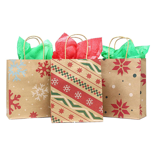 Customized Printed Christmas Gift Bags with Tissue Paper Xmas Gift Bags With Handle Holiday Christmas Treat Baskets