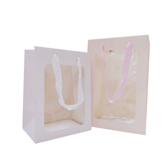 Wholesale Transparent Window Paper Bag White Ivory Board Fresh Flower Gift Packaging Paper Bag With Clear Window