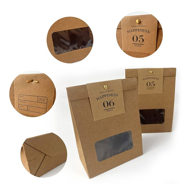Custom Brown Pastry Cookie Box Packaging Bag Kraft Paper Bread Bags with Window
