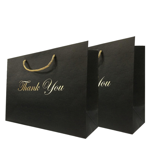 Customized Gold Foil Paper Shopping Bags Large Black Thank You Gift Bags for Small Business