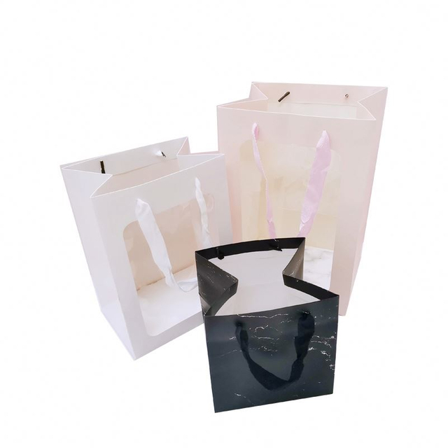 Wholesale Transparent Window Paper Bag White Ivory Board Fresh Flower Gift Packaging Paper Bag With Clear Window