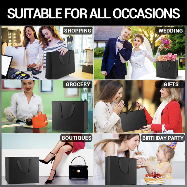 Custom Black Kraft Paper Gift Wrap Bags Bulk Heavy Duty Reusable Recyclable Shopping Bags for Boutique Grocery Retail Business