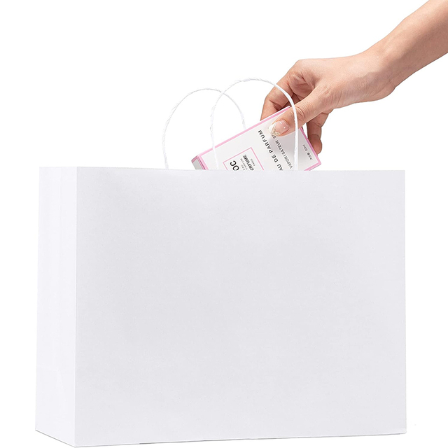 Customized LOGO Printed White Large Shopping Bags with Handles Kraft Paper Gift Bags Paper Grocery Bags for Boutique