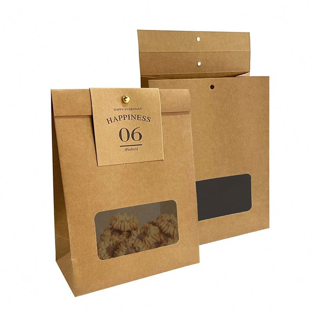 Custom Brown Pastry Cookie Box Packaging Bag Kraft Paper Bread Bags with Window