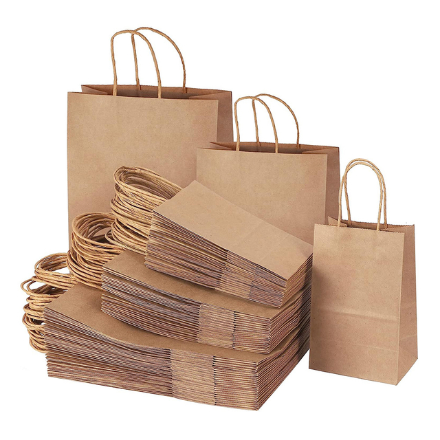 Custom Printed Brown Kraft Paperboard Retail Shopping Bags with Handles for Shoes & clothing