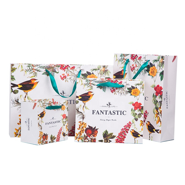 Custom Print Logo Recyclable Card Board Flower Packaging Paper Bag Colorful Kraft Bags With Handle